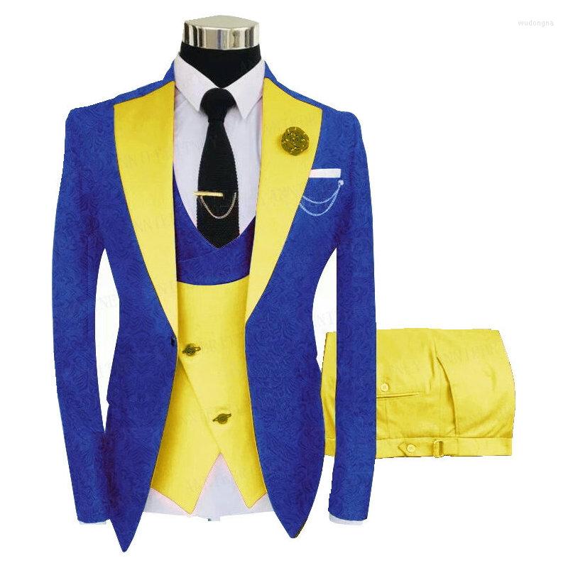 

Men's Suits Handsome Royal Blue Jacquard Jacket Yellow Vest Pants Men For Party Wear Tailor Made Groom Wedding Tuxedo Man Blazer, Picture shown