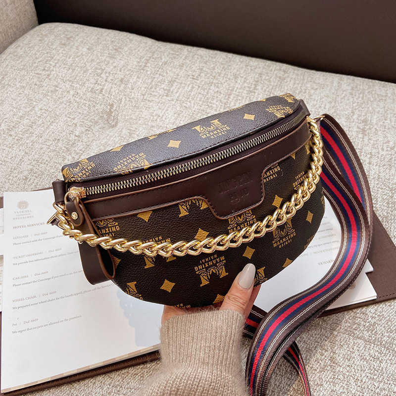 

autumn winter net red new versatile waist bag women's tide chest bag wide shoulder belt sling single Shoulder Messenger chain small, F brown