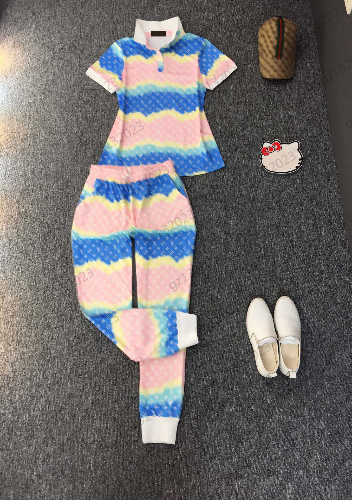 

Polo Tracksuit Set Two Piece Pants Color Matching Striped Jacquard Short Sleeve Pullover T-shirt Stitching Thread Edge At Trouser Leg Womens Two Piece Pant Suit, 19