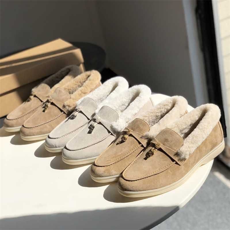 

Designer Loropiana Charms Shoes Pina Woolen Lefu Shoes for Women's Autumn and Winter 23 Genuine Leather Lp Single-footed Warm Plush Flat Soybean Shoes, Apricot