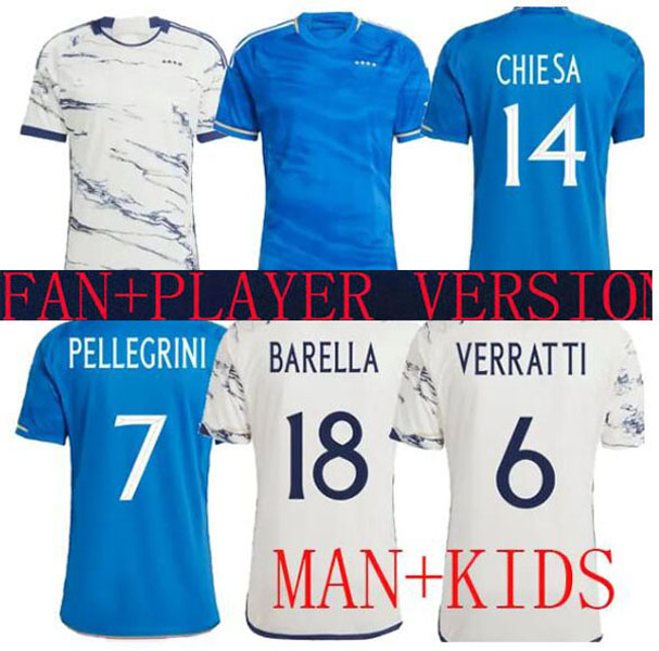 

Italys soccer jerseys 2022 2023 Italian jerseyS SCAMACCA IMMOBILE CHIESA football shirts RASPADORI JORGINHO sets kids player version Maglia italiana HOME AWAY, 2023 away