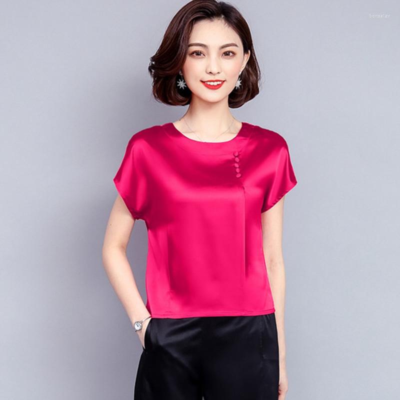 

Women's Blouses Silk Shirts And For Women Fashion 2023 Summer Short Sleeve Button Solid O-Neck Basic Top Female Clothing, Yellow