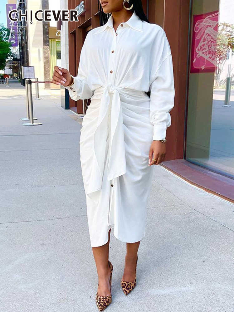 

Casual Dresses CHICEVER Plain Dress For Women Lapel Long Sleeve High Waist Bandage FoldPleated Midi Dresses Female 2022 Spring Fashion Clothes Z0216, Brown