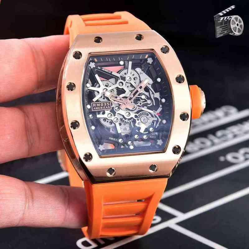 

Luxury mechanical watch Richa All Black Case Red Orange Rubber Stainless Steel Sapphire automatic mechanical calendar, Customize