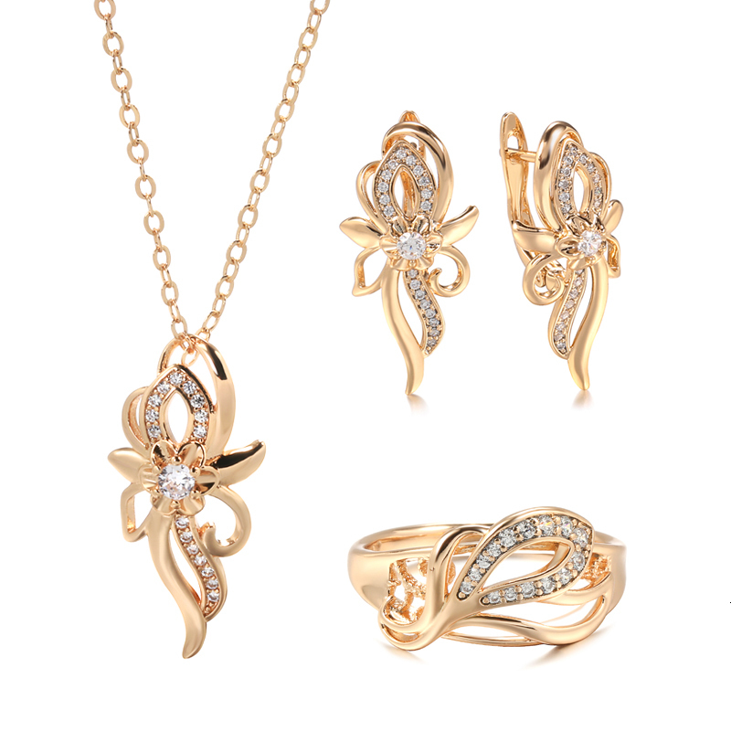 

Wedding Jewelry Sets Kinel Luxury 3Pcs 585 Rose Gold Bridal Natural Zircon Flower Earring Necklace Ring for Women Gift 230216