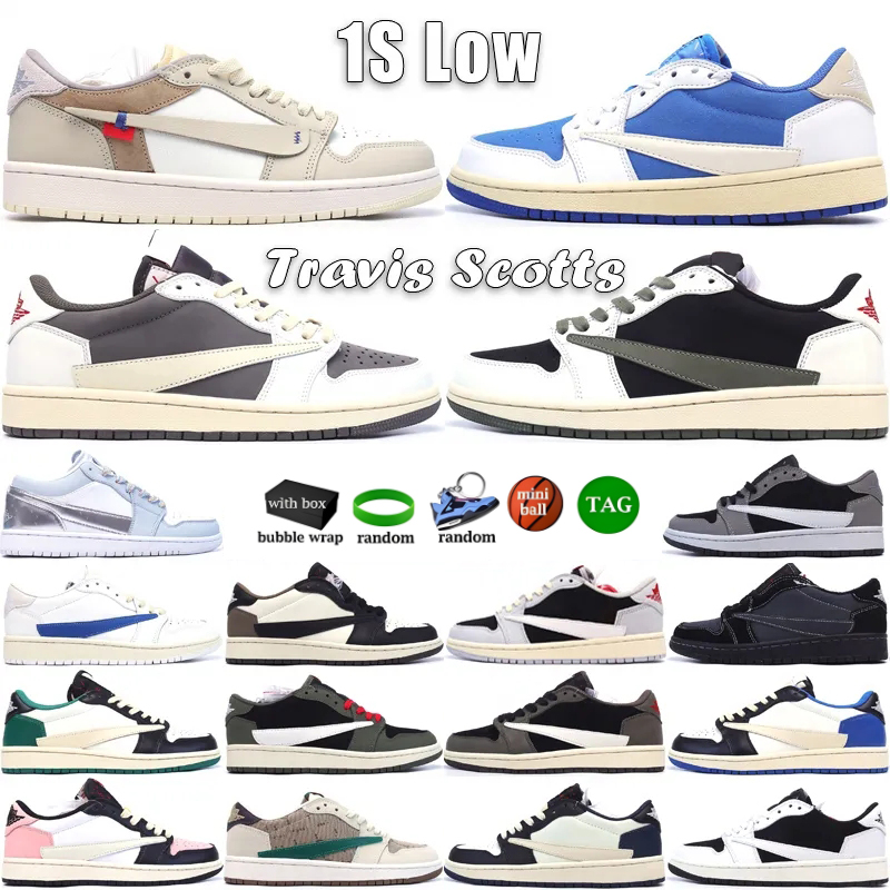

Top Travis Scotts 1 Low Basketball Shoes Jumpmans 1s OG Trainers Black Phantom Reverse Mocha UNC Olive Bleached Coral Grey Blue Outdoor Mens Womens Sneakers Size 36-45, Box