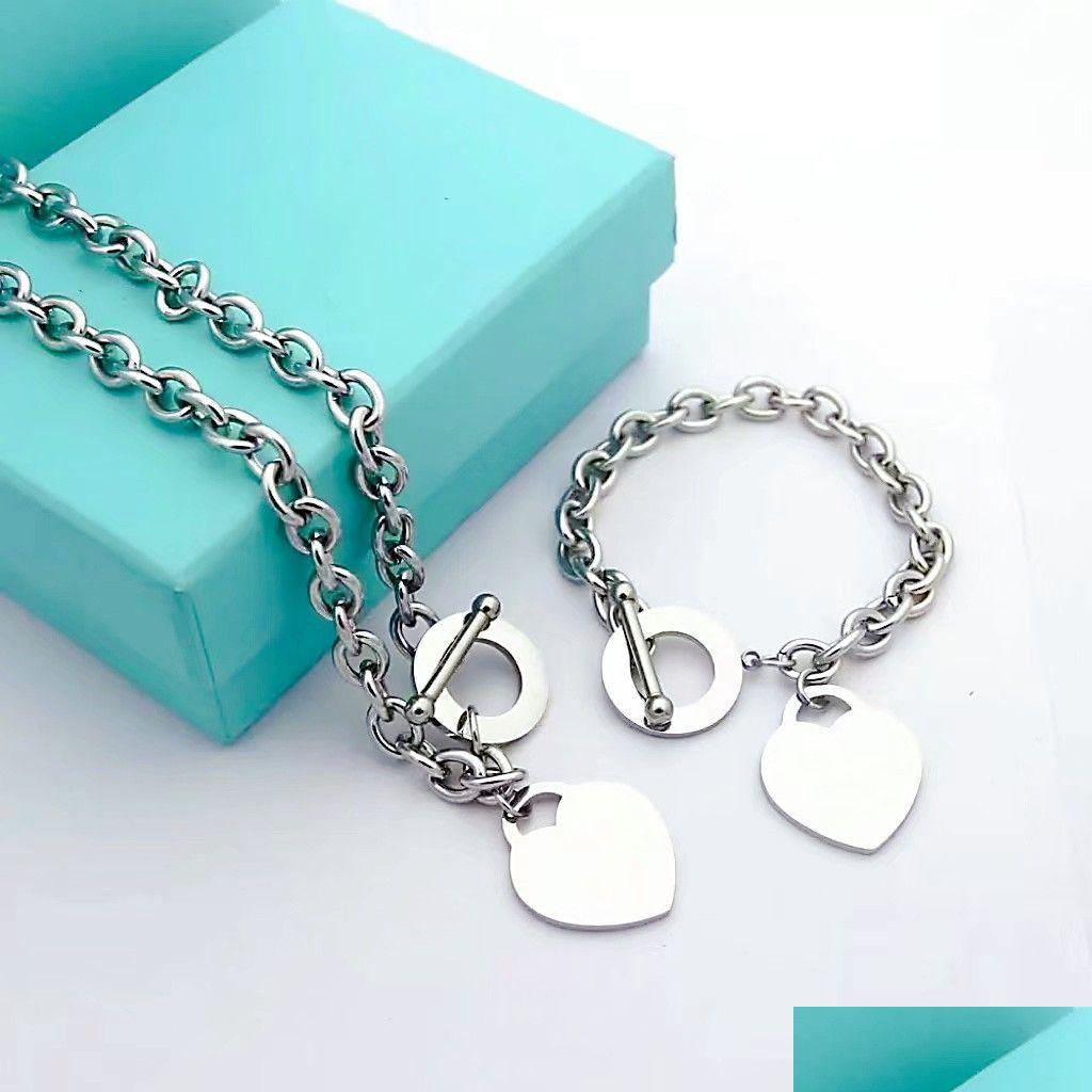 

Chain Selling Birthday Christmas Gifts 925 Link Sier Heart Bracelets And Necklace Set Statement Jewelry Pendant Necklaces Br Dhzuq