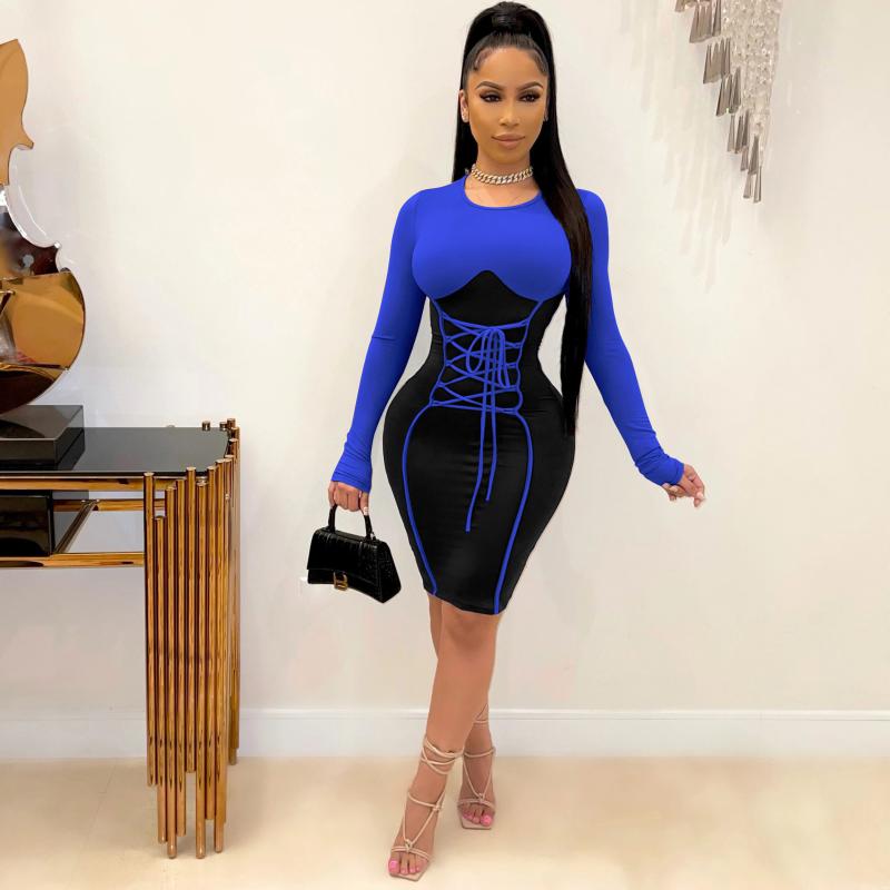 

Casual Dresses Women Dress Color Patchwork Bandage O-neck Shirt Full Sleeve Party Night Clothes For Vestidos, Blue