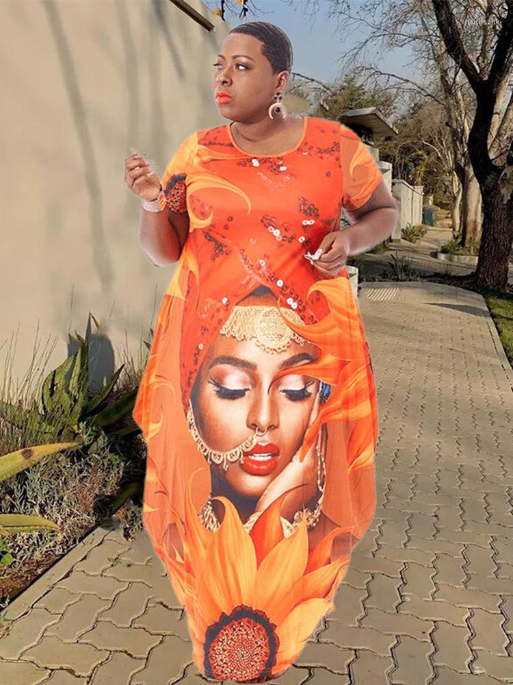 

Plus Size Dresses Maxi Dress Women Short Sleeve Summer Loose Bohemian Print Long Casual Ladies Wholesale Bulk Drop, Yellow