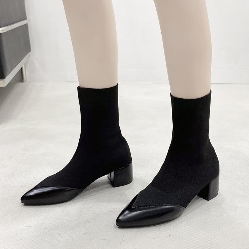 

Boots Women's Ankle Knitted Mid Heels Woman Sock Boot Pointed Toe Splicing Stretch Fabric Square Heel Autumn Elegant 2023, Lbn