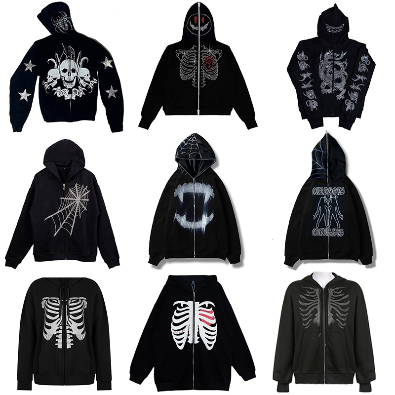 

Mens Hoodies Sweatshirts Rhinestones Spider Web Skeleton Print Black Y2k Goth Longsleeve Full Zip Oversized Jacket American Fashion selling 230216, 628-white