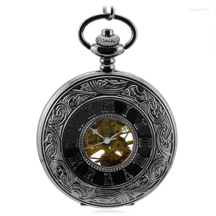 

Pocket Watches Antique Steampunk Mechanical Hand Wind Flip Double Display & Fob Black Men's Women's Watch Pendant Gift, 37cm chain