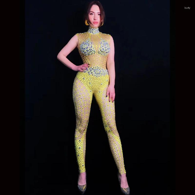 

Stage Wear Sexy Sparkly Rhinestones Yellow Jumpsuit Nigntclub Outfit Dance Costume Performance Party Celebrate