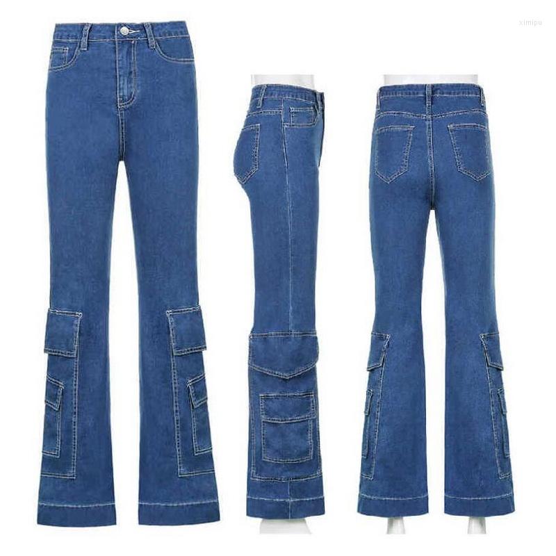 

Women' Jeans Women Cargo Pants Big Pocket Flared Female High-Waist Denim, Blue