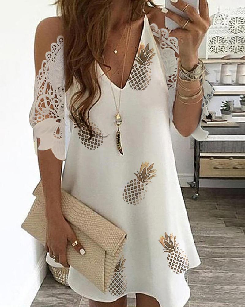 

Casual Dresses Women Summer Elegant Pineapple Print Cold Shoulder Crochet Lace Dress Lady Short Sleeve Hollow Out Mini Streetwear, White