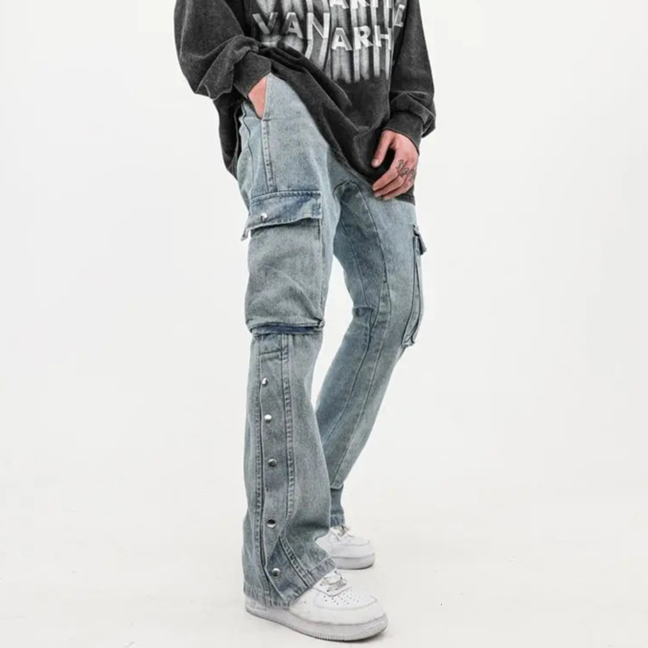 

Men' Jeans Loose Cargo Side Buttons Blue Denim Pants Men Harajuku Streetwear Hip Hop Baggy 230217, Black