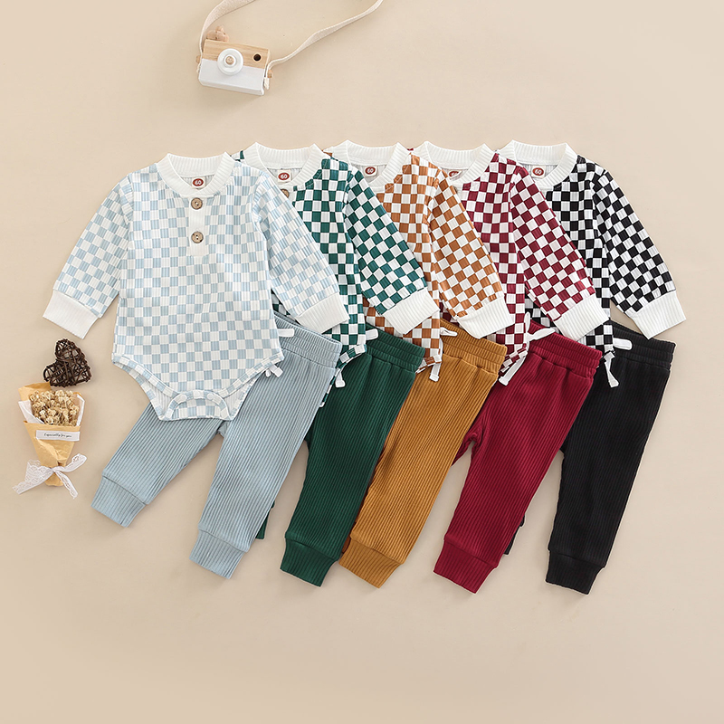 

Clothing Sets -07-02 Lioraitiin 0-24M Infant Baby Girl Boy Suit Set Checkerboard Print Long Sleeve Romper with Buttons Tie-Up Long Pant 230217