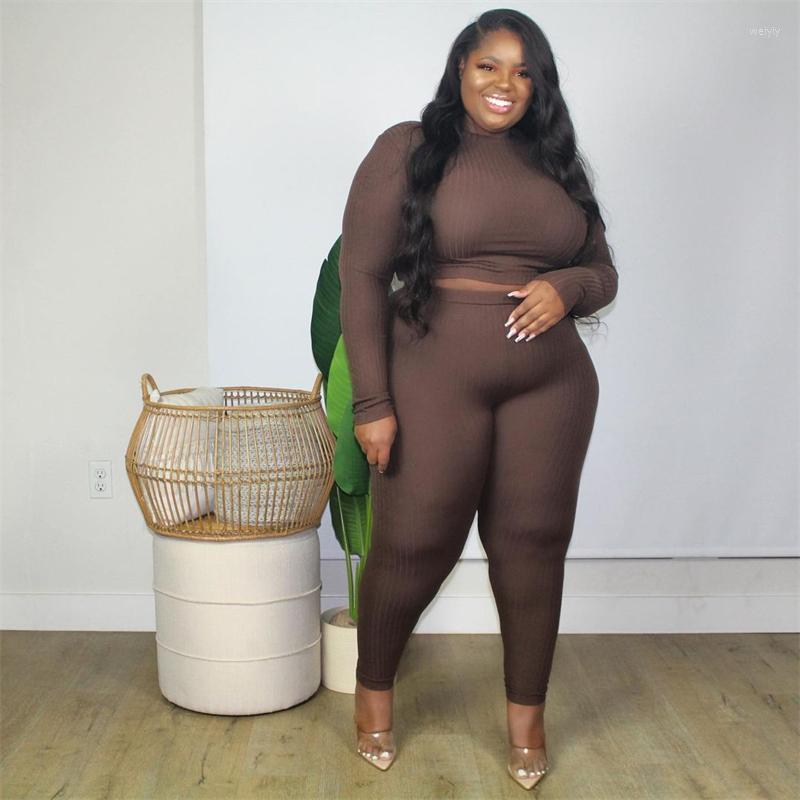 

Tracksuits Plus Size Women Clothing 2023 Fashion Sexy Outfits Long Sleeve Top And Pants Bodycon Ribbed Two Piece Set Drop Wholesale, Black