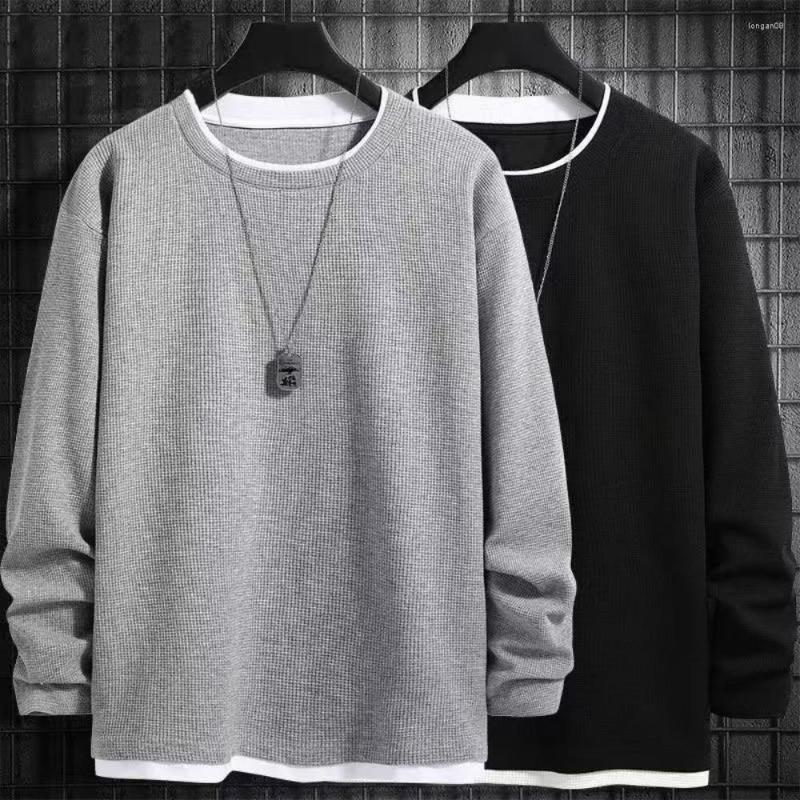 

Men's T Shirts Fake Two Long Sleeve Hoodie Men Spring And Autumn Loose Jacket To Wear Simple Solid Color Large Size Casual T-shirt, Gray