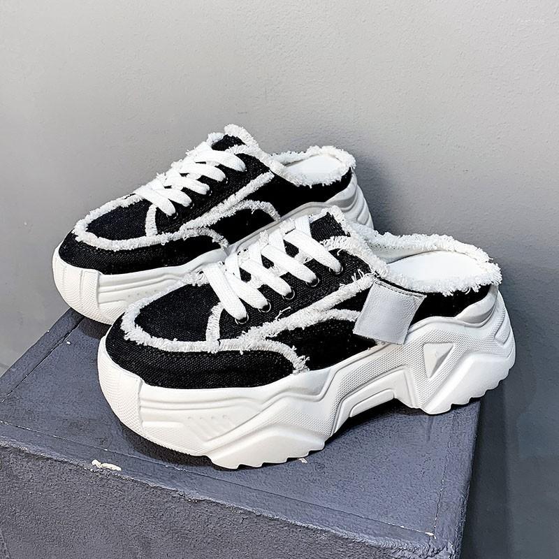

Slippers Women Lace Up Wedges Half Slipper White Canvas Shoes Platform Comfort High Heels Summer Slidders