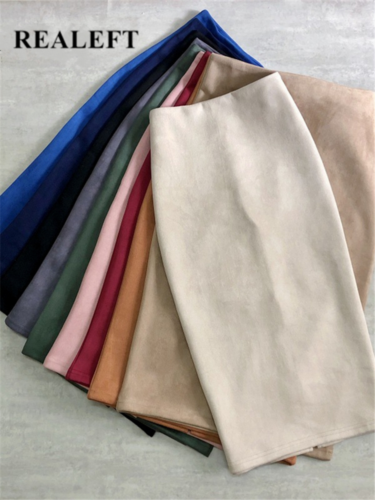 

Skirts REALEFT Autumn Winter Women's Elegant Suede Sheath Midi High Waist Solid Chic Wrap Back Split Pencil 230217, Dark apricot
