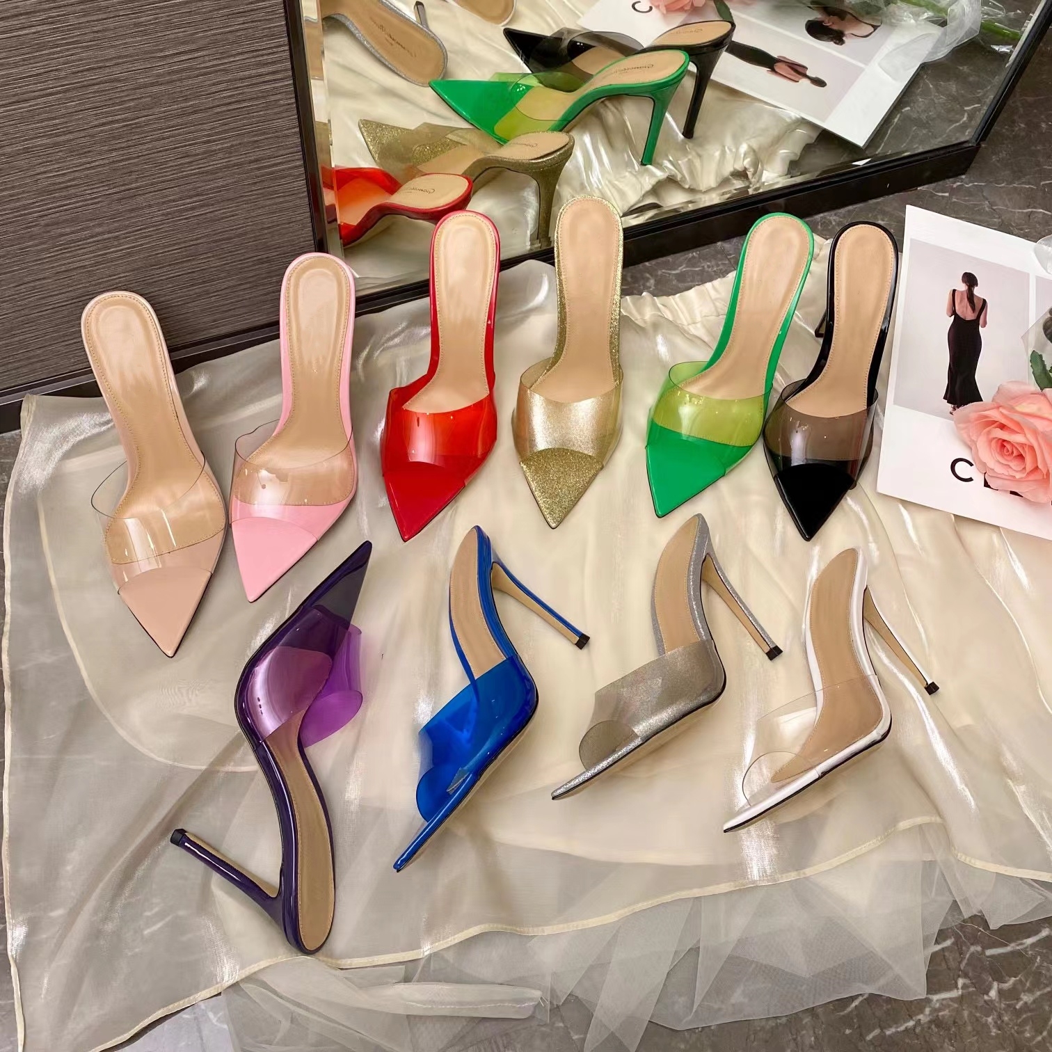 

Womens high heeled slippers transparent fashion shoes luxury design sexy sandals 11.5CM high heels summer beach shoe Our size 35 42 with box, Blue
