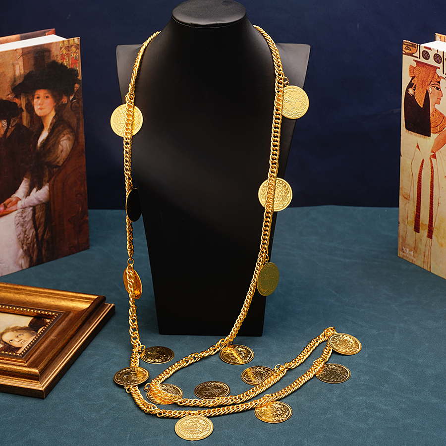 

Navel Bell Button Rings Luxury Ethnic Wedding Jewelry Body Chains for Bridal Turkish Coin Long Necklace Shoulder Chain Kurdistan Celebration 230216