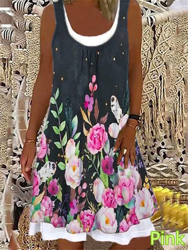 

Casual Dresses Floral Print Fake Two Piece Sleeveless Dress U-Neck 2023 European And American Style Fashion Women' Clothing