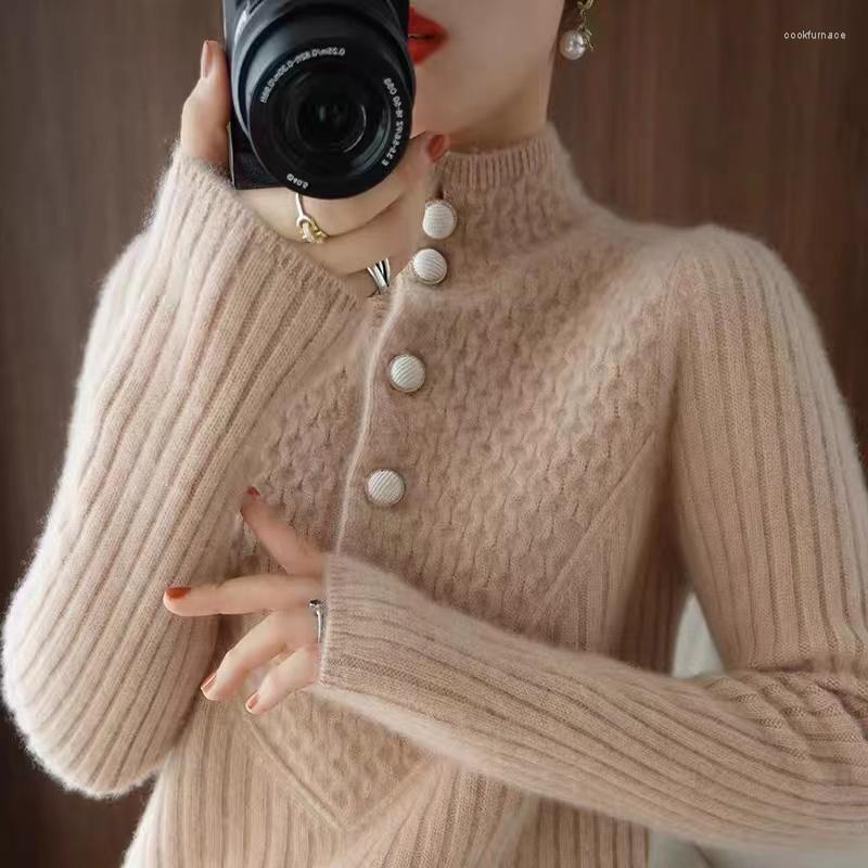 

Women's Sweaters Pure Wool Turtleneck Sweater Women Winter Thickend Warm Buttons Long Sleeve Woman Knitted Cashmere Tops Buttoming, White