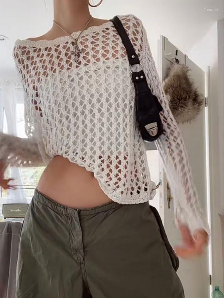 

Women' T Shirts Vintage Loose Smock Tops Summer Fashion All-match Casual Geometic Hollow Out Outfits Y2K See-though Knit 2023, White