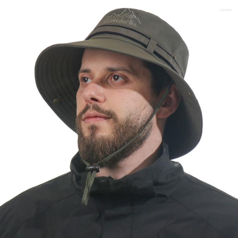 

Berets Men Bucket Hat Wide Brim Breathable Sun Outdoor Waterproof Hiking Fisherman Cap Letter Embroidery UV Protection Basin, Black
