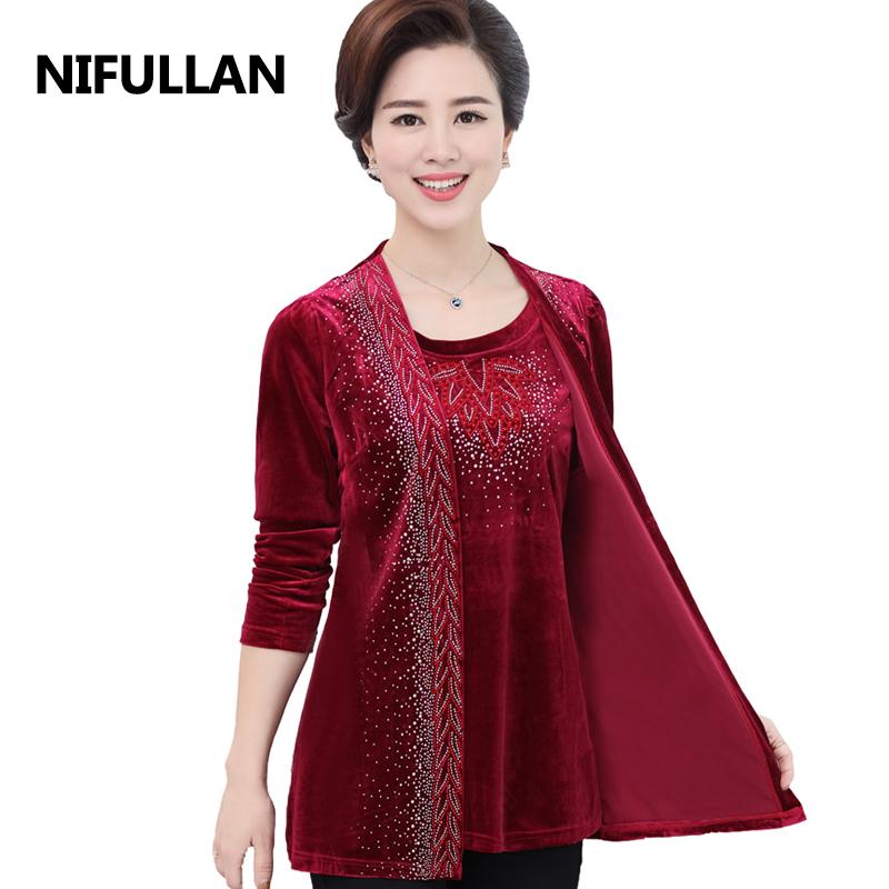 

Women's T Shirts NIFULLAN Gold Velvet Fake Two Pieces Long Sleeve T-Shirts Spring Fall 5XL Plus Size Women Pullover Elegant Mother Diamond, Black