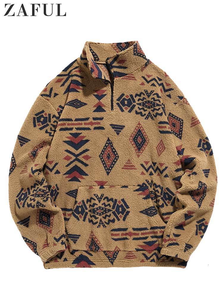 

Mens Hoodies Sweatshirts Hoodie for Men Fuzzy Faux Sherpa Zipper Ethnic Print Fluffy Streetwear Pullover Fall Winter Turtleneck 230216, Black
