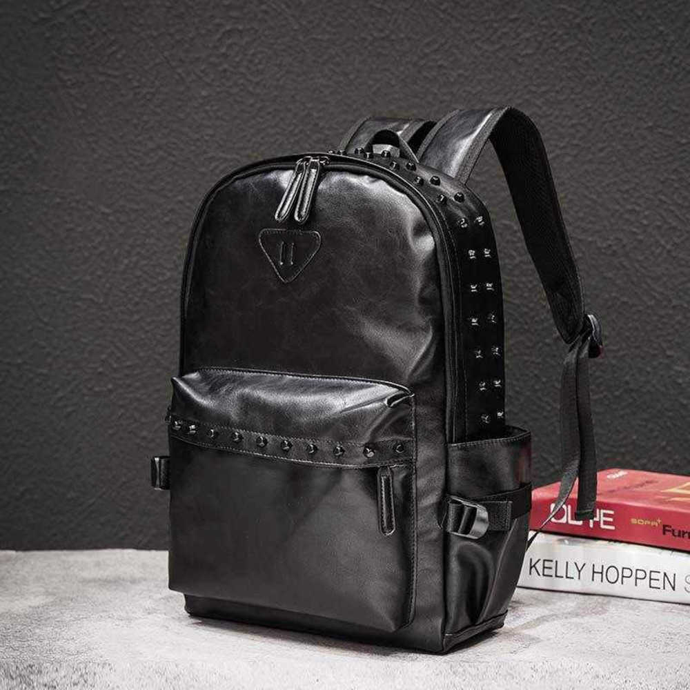 

Backpack Style British Leather Street trend personality Korean fashion rivet schoolboy backpack leisure 221222, Black-