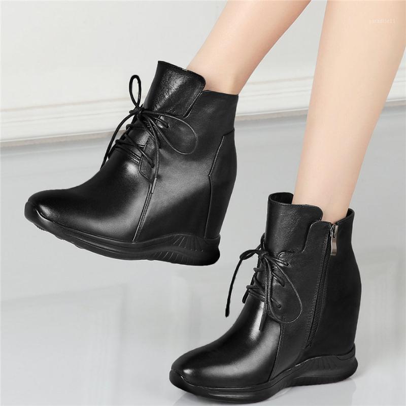 

Dress Shoes Fashion Sneakers Women Lace Up Genuine Leather High Heel Platform Pumps Female Top Round Toe Trainers Casual, Black