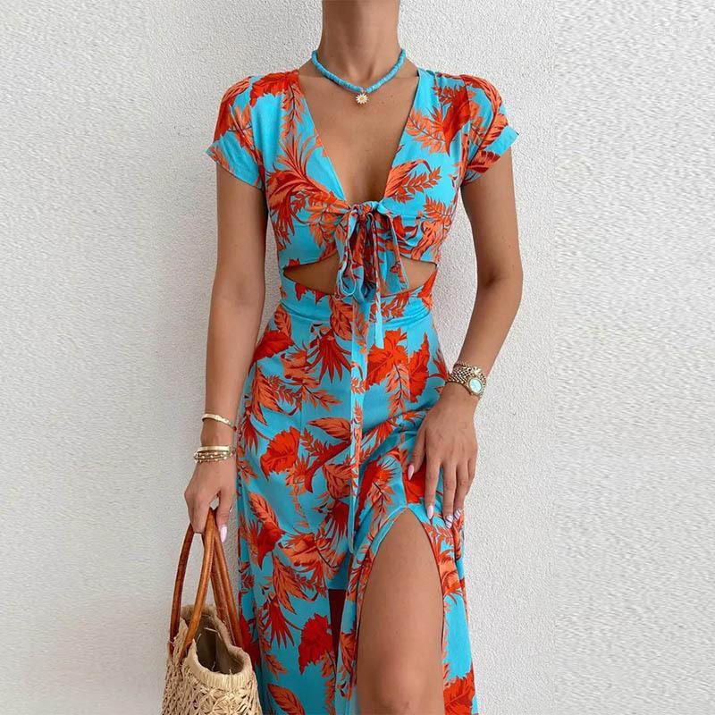 

Party Dresses Women Elegant Print V Neck High Waist Corset Long Dress Fashion Casual Short Sleeve Hollow Out Bohemian Vacation