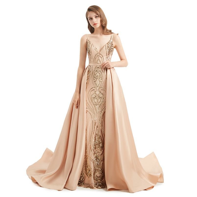 

Black Lace Evening Dresses With Detachable Skirt Sexy Mermaid Spaghetti Straps Backless Long Satin Party Occasion Prom Gowns BM3307, Silver