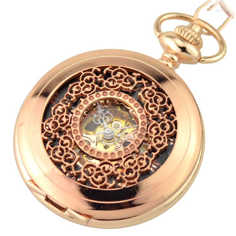 

Pocket Watches Rose Gold Luxury Skeleton Watch Mechanical Hand Wind & Fob Women's Pendant Relogio De Bolso Floral Design, 37cm chain