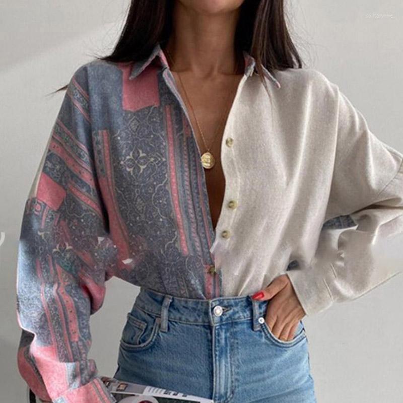 

Women' Blouses Spring Fashion Color Matching Print Beach Top 2023 Loose Women Cardigan Blouse Casual Office Lapel Button Long Sleeved Shirt, 02 khaki