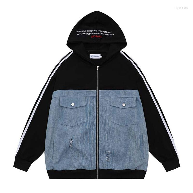 

Men's Jackets 2023 Spring Harakuju Streetwear Men Denim Color Block Patchwork Hip Hop Outwear Coats Loose Fit Hooded, Black
