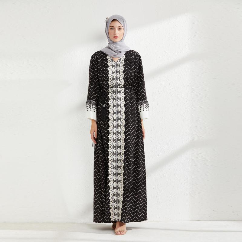 

Ethnic Clothing Robe Femme Musulmane Fashion Striped Embroidery Lace Style Muslim Dress Elegant Robes Abayas For Women