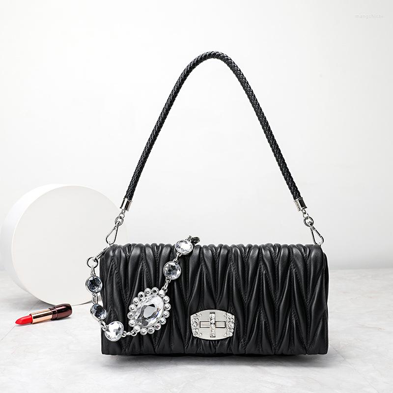

Evening Bags 2023 Luxury Women's Bag Pleated Single Shoulder Messenger Fashionable Sheepskin Leather Diamond Ball Decorative Handbag, Black