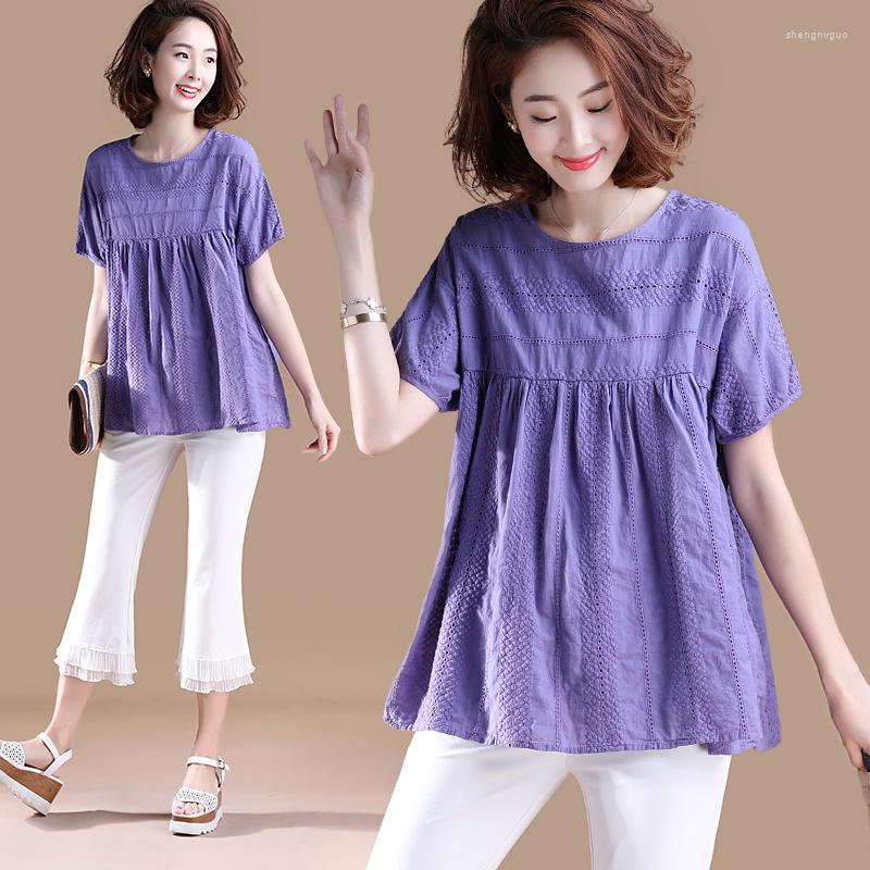 

Women's T Shirts Purple Cotton Linen T-shirt Female Women Short Sleeve Loose Casual Tee Shirt Embroidery Ethnic Vintage Summer