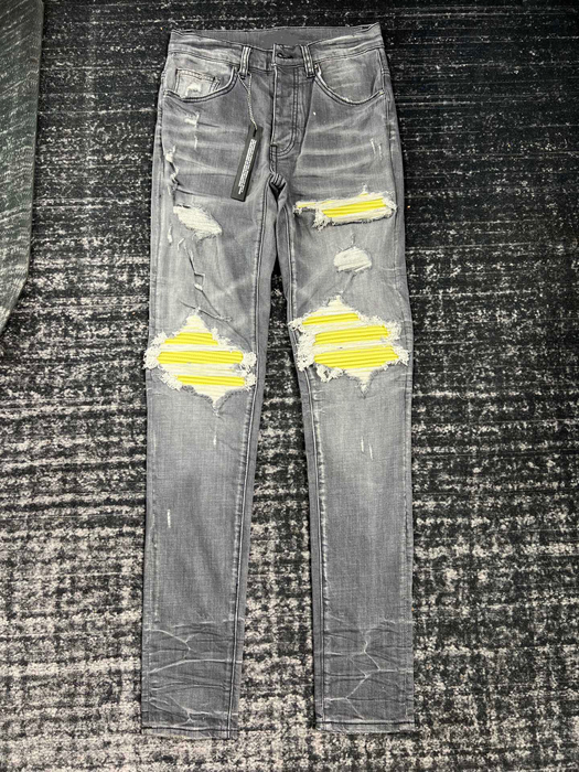 

Men's Jeans wash water gray torn holes do old stitching yellow leather slim small feet jeans men's high street 230217