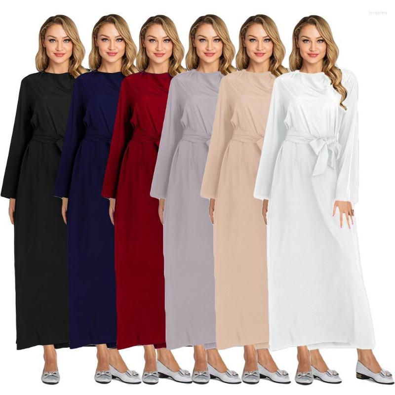 

Ethnic Clothing Muslim Women Long Abaya Maxi Dress Robes Belt Arab Dubai Kaftan Sleeve Gown Casual Jilbab Solid Color 2023 Autumn
