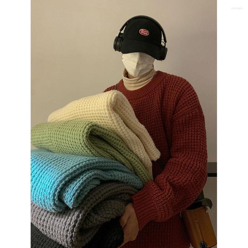 

Men's Sweaters Men's Waffle Round Neck Solid Color Korean Style Male Knitted Pullovers Loose Casual Winter Knitwear, Red