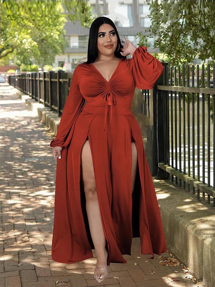 

Plus Size Dresses For Chubby Women Chic And Elegant Deep V Long Sleeve Sexy Slit Dress Wholesale Bulk Drop, Black