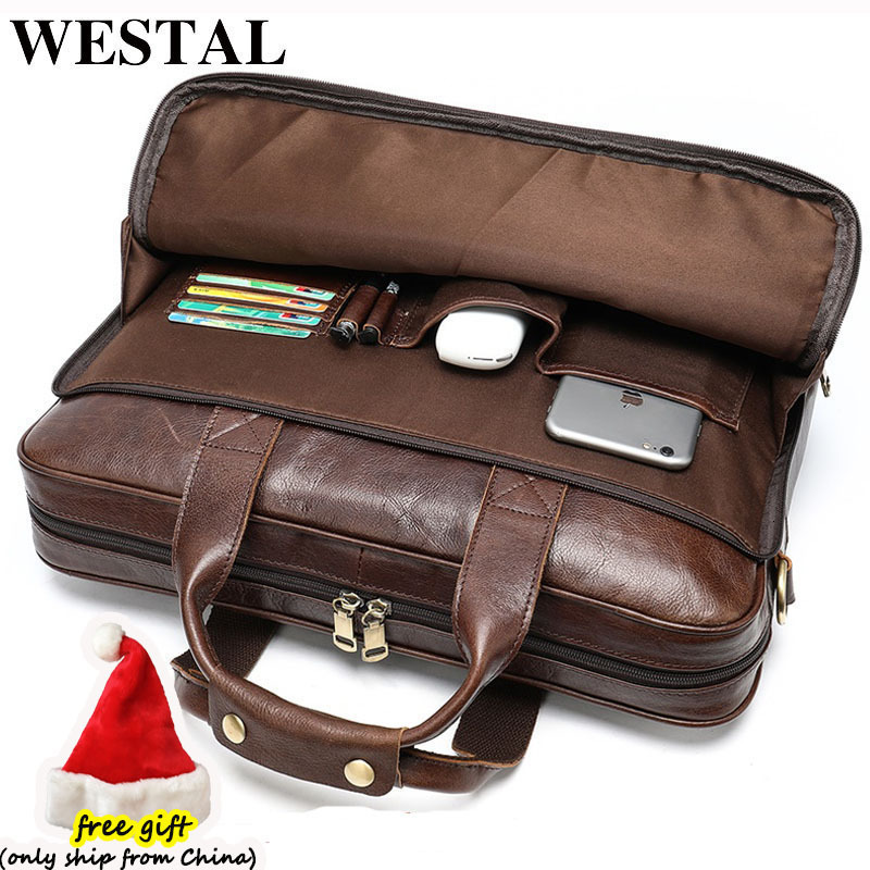 

Briefcases WESTAL Men's Leather Bag Office Messenger Briefcase Man Genuine 15.6"Laptop s Male Handbags Crossbody 14 Computer 230217, 7406-coffee