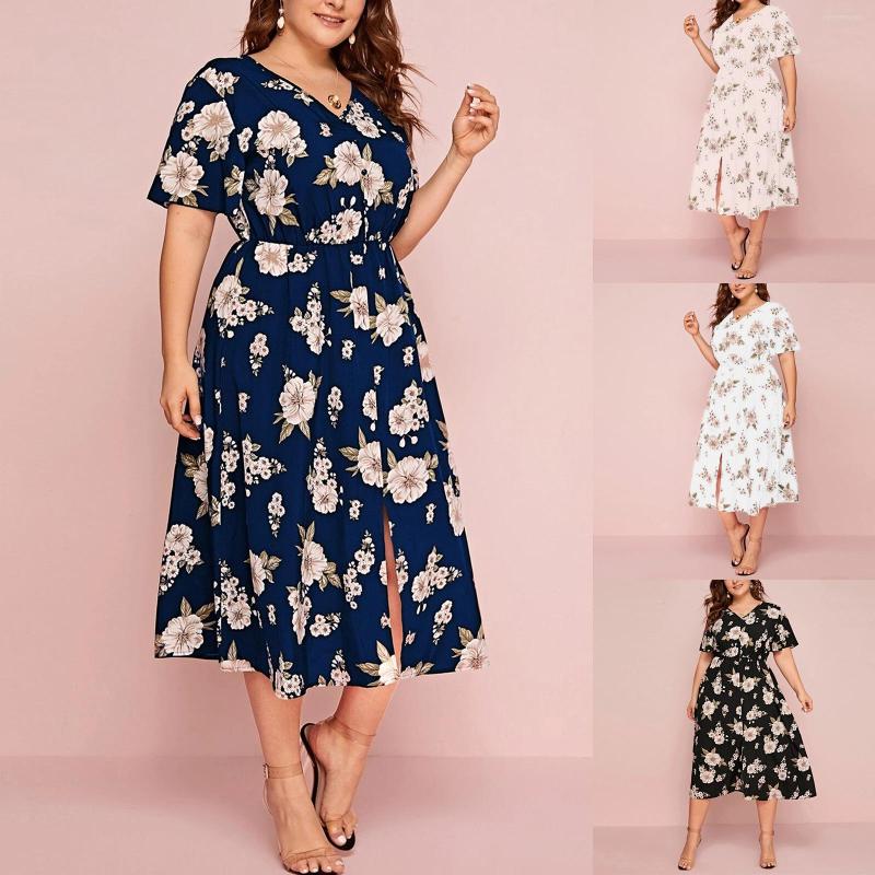 

Party Dresses Plus Size Lady's Flower Printed V-neck Short Sleeve Split Dress, White