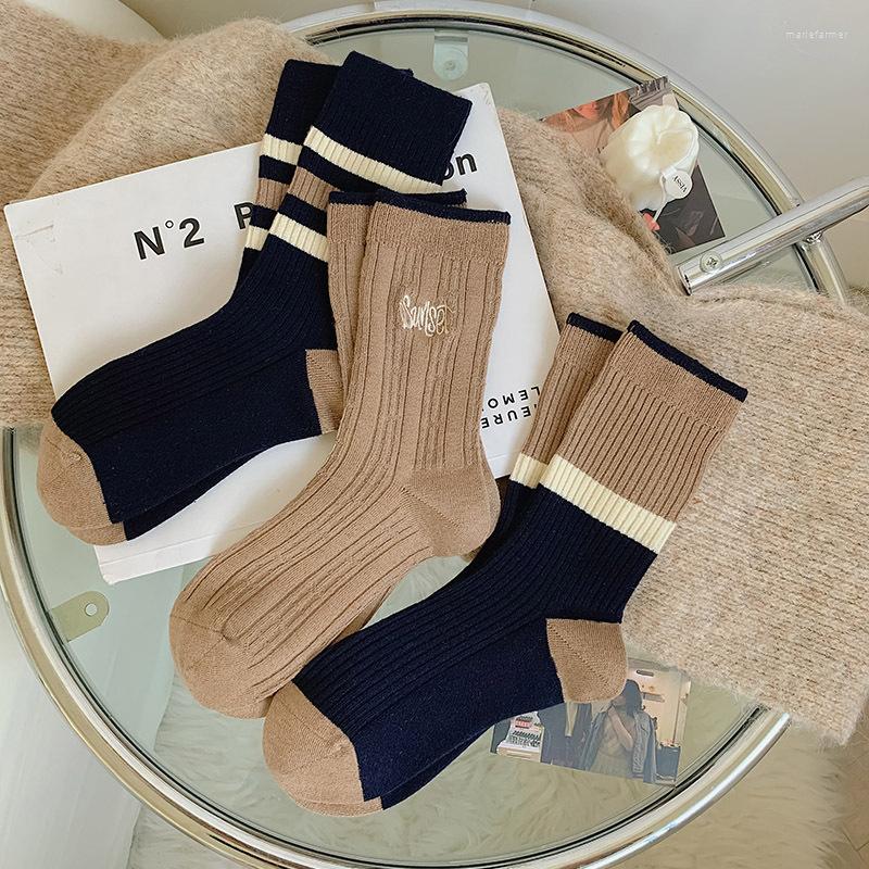 

Women Socks Retro Stripe Embroidery Brown Cotton Sock Woman Long Soft Autumn Winter Casual Kawaii Vintage Lady